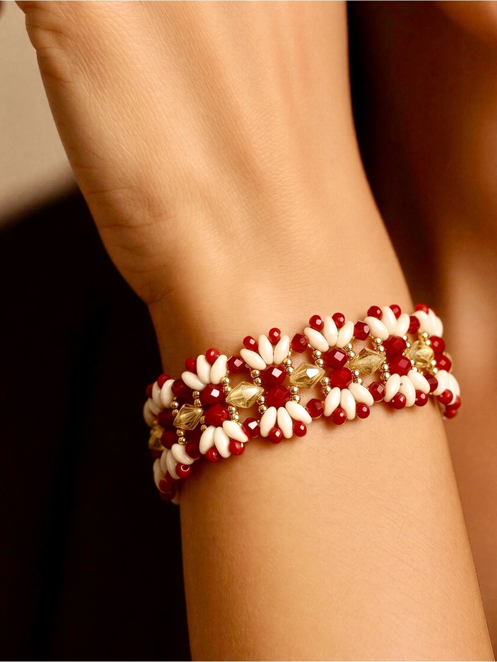 Red, White & Gold Beaded Floral Bracelet